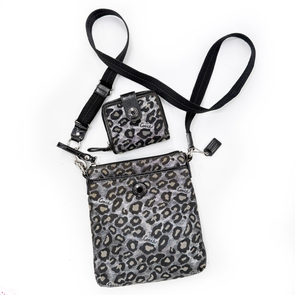 Coach Ocelot Leopard Print Crossbody Bag With Compact Wallet Black/Silver Fabric